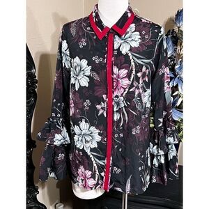 Badgley Mischka Floral Button Up Blouse Bell Sleeves Size 10